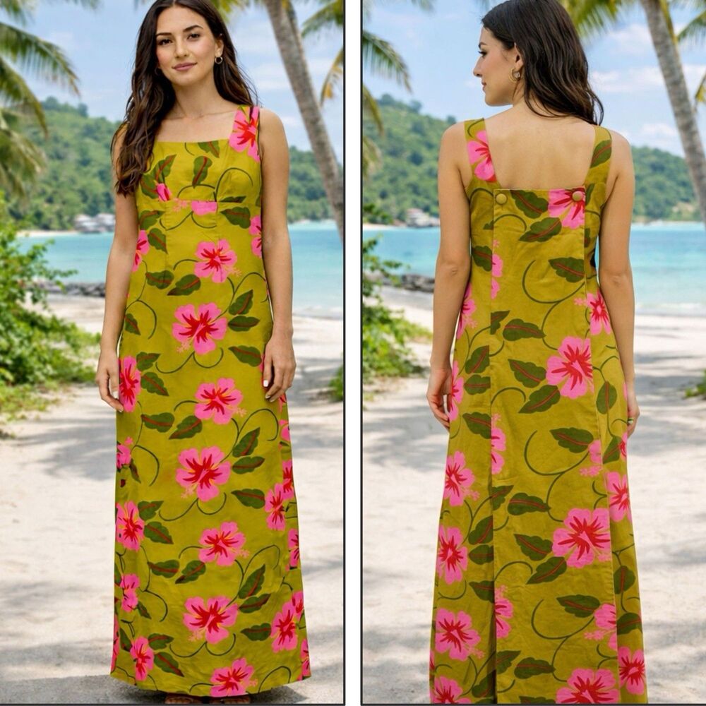 Vintage 1950s/60s Hoaloha Barkcloth Hawaiian Maxi Dress – Green & Pink Hibiscus